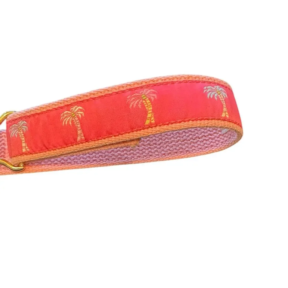 Vtg Douglas Paquette Pink Palm Tree Ribbon Canvas Belt Interlocking Buckle